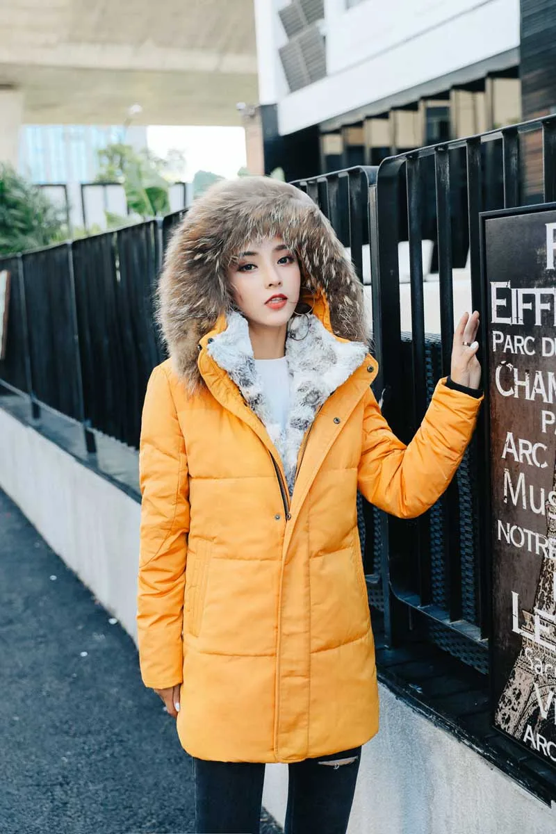 BJCJWF зимний пуховик для женщин Высокое качество енота меховой воротник длинное пальто утолщаются теплый с капюшоном унисекс парки Плюс Размер 5XL - Цвет: yellow
