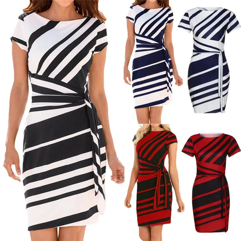 

Formal Women's Working Dresses Pencil Stripe Party Dress Casual MIni Dresses