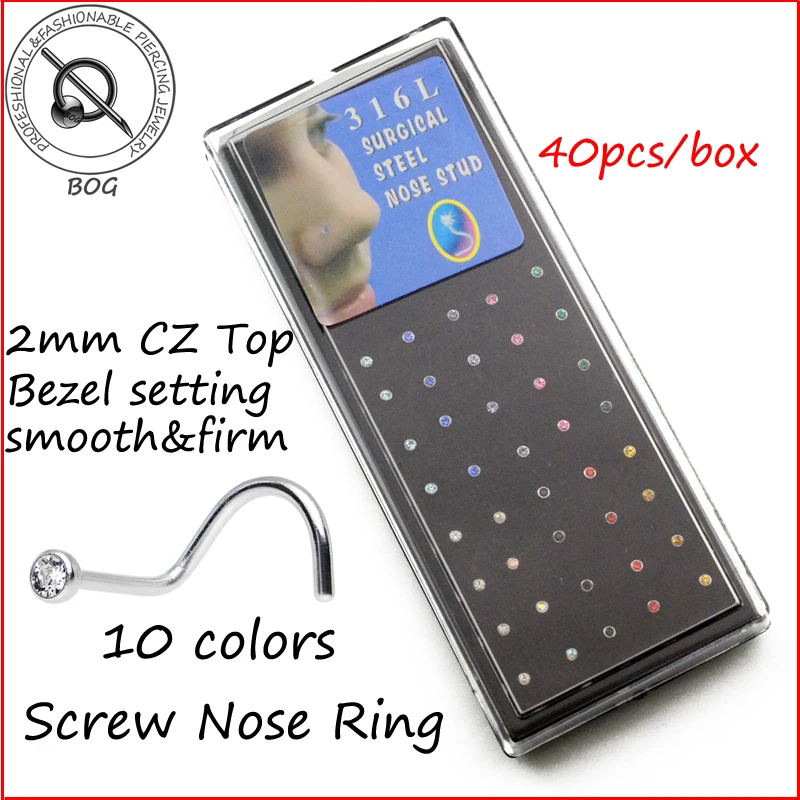 

BOG-40piece 2mm CZ Bezel Setting Nose Piercing Ring Stud Nostril Screw Twist Curve 20 Gauge