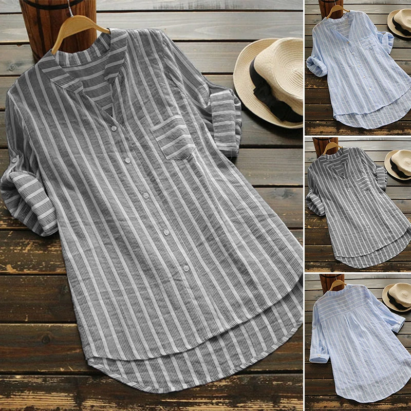  ZANZEA 2019 Autumn Top Women's Cotton Linen Blouse Female Casual 3/4 Sleeve Shirt Striped Work Blus