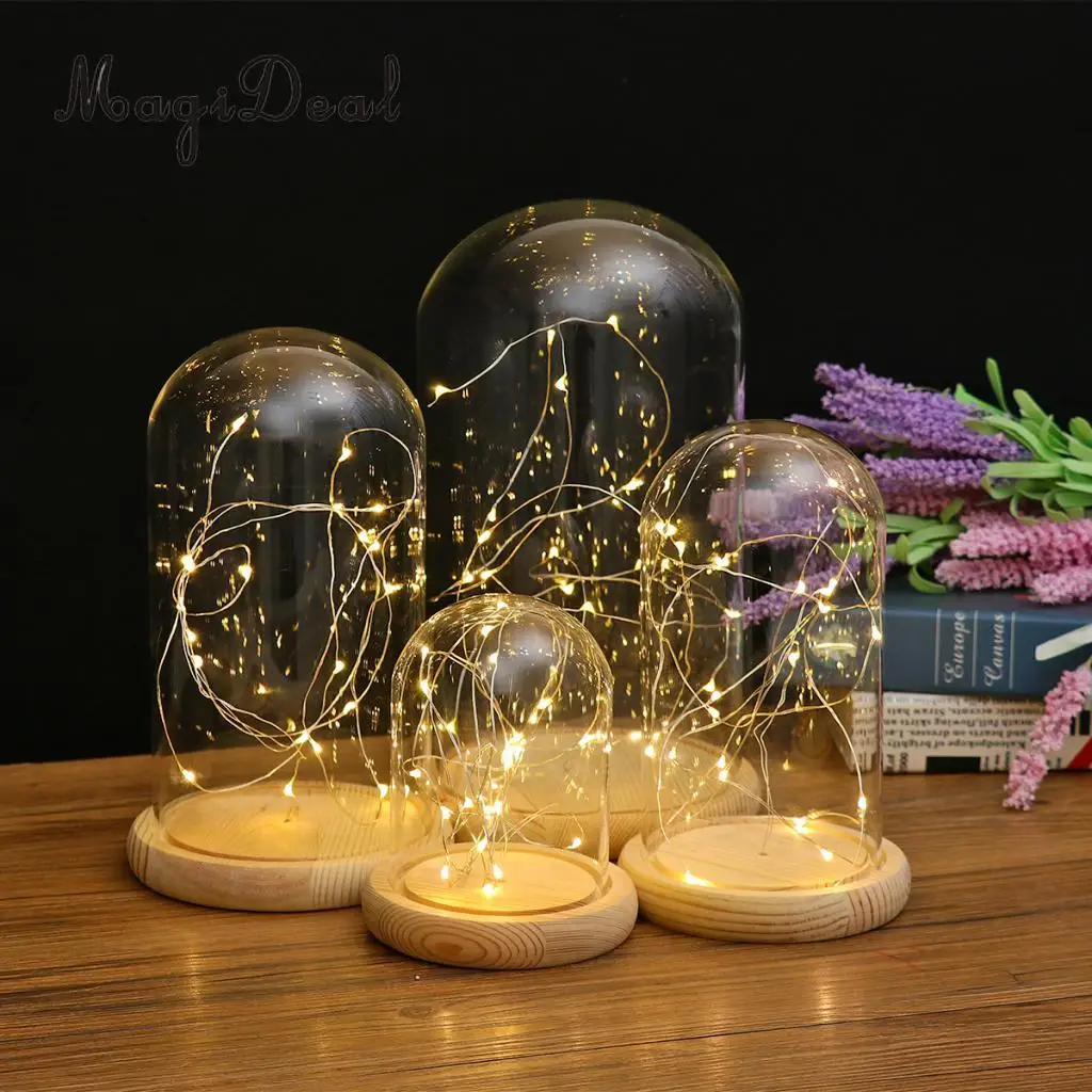 Glass Display Dome Cloche With Suspended LED Lights Tabletop Lamp Wedding Holiday Decor Crafts