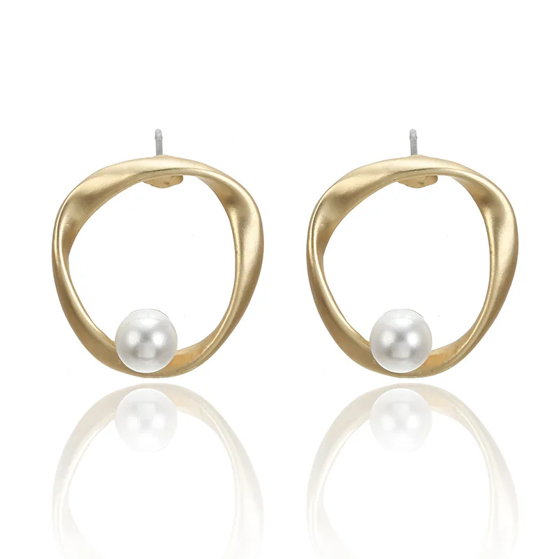

G.YCX Korean Geometric Round Baroque Pearl Earrings Statements for Women Matte Gold Large Circle Hollow Earrings Bridal Jewelry