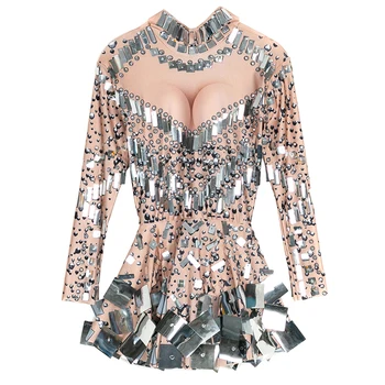 

2019 New Sexy Women Party Dresses Black White Nude Bling Sequined Lens Mirrors Dress Night Club Hot Ladies Stage Wear Costume