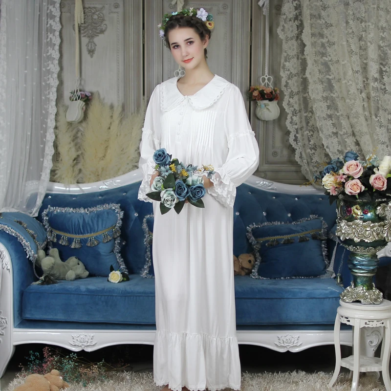 

Long sleeve Nightgown Loose Nightdress Autumn Vintage Homewear Dress Sleepwear Yellow White Nightgowns