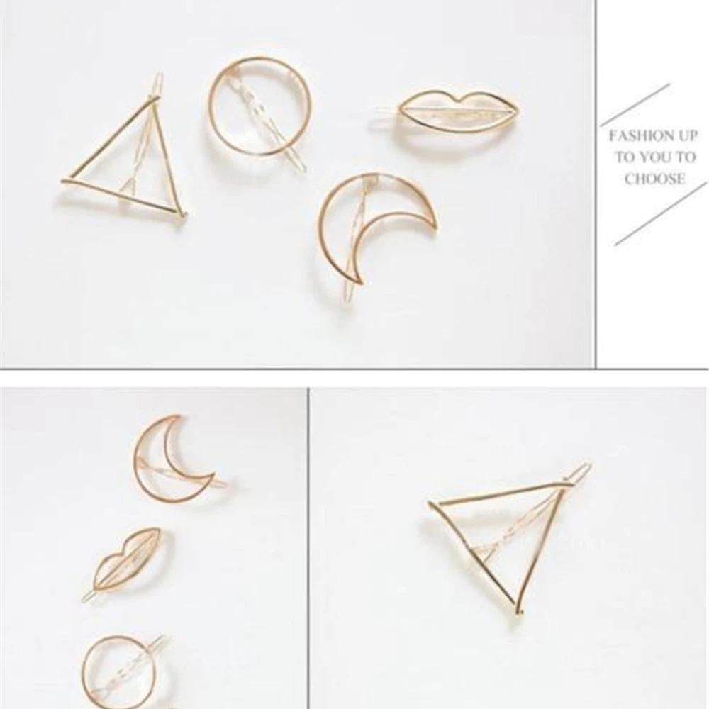 Новая мода для женщин обувь для девочек золото/посеребренный металл треугольники круг заколки для волос в форме Луны Металлический Круг
