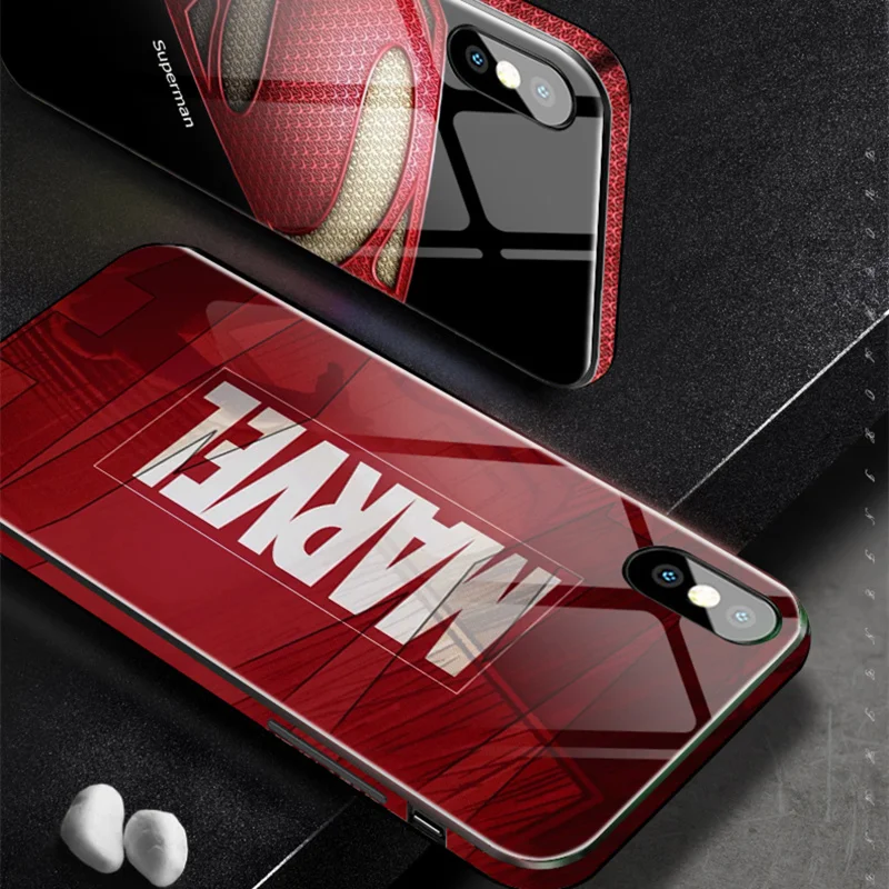 

Marvel Avengers Super Hero Batman Captain America Case for IPhone 7 6S 6 8 Plus X 10 XS MAX XR Iron Man Glass Phone Case Bumper