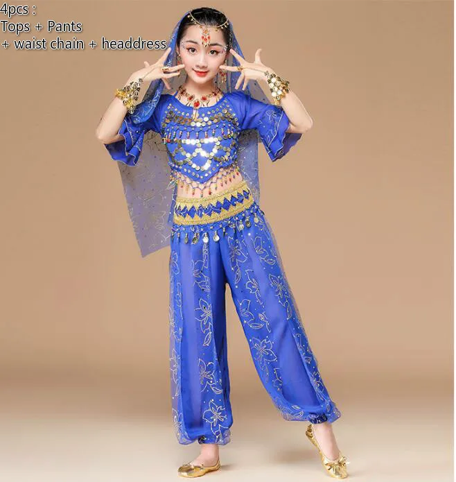 Детская индийский танцевальный костюм обувь для девочек живота комплекты для танцев Восточный танец национальный костюм выступления Болливуд одежда 3 цвета - Цвет: 4pcs dark blue
