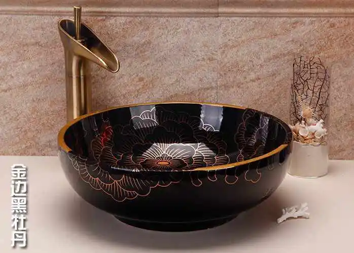 Черный белый золотой цвет цветок керамическая раковина для ванной комнаты - Цвет: black with gold