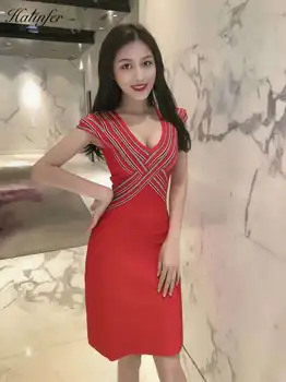 

Halinfer 2019 new summer women dress sexy bodycon V-neck short bandage dress elegant celebrity party red dresses vestidos