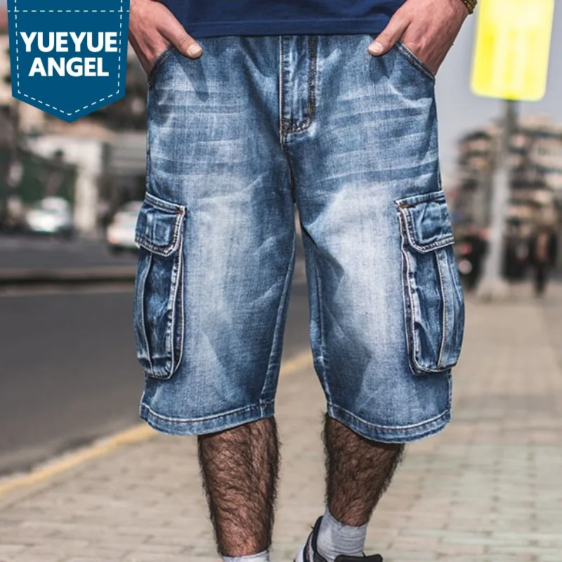 Summer Large Size 40 42 44 46 Men Hip Hop Cargo Shorts Denim Knee Length  Loose Baggy Jeans Shorts Multi Pockets Male Streetwear - Jeans - AliExpress
