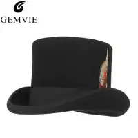 GEMVIE Cylinder With Feather 100% Wool Felt Top Hat For Men Women Costume Fedora Mad Hatter Cosplay Party Derby Magician Hat