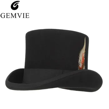 

GEMVIE Cylinder With Feather 100% Wool Felt Top Hat For Men Women Costume Fedora Mad Hatter Cosplay Party Derby Magician Hat