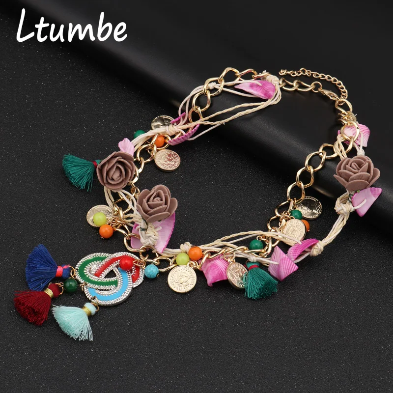 

Ltumbe New Ethnic Bohemia Cotton Tassel Shell Coin Flower Multi Elements Statement Necklaces & Pendants for Women Tribal Jewelry