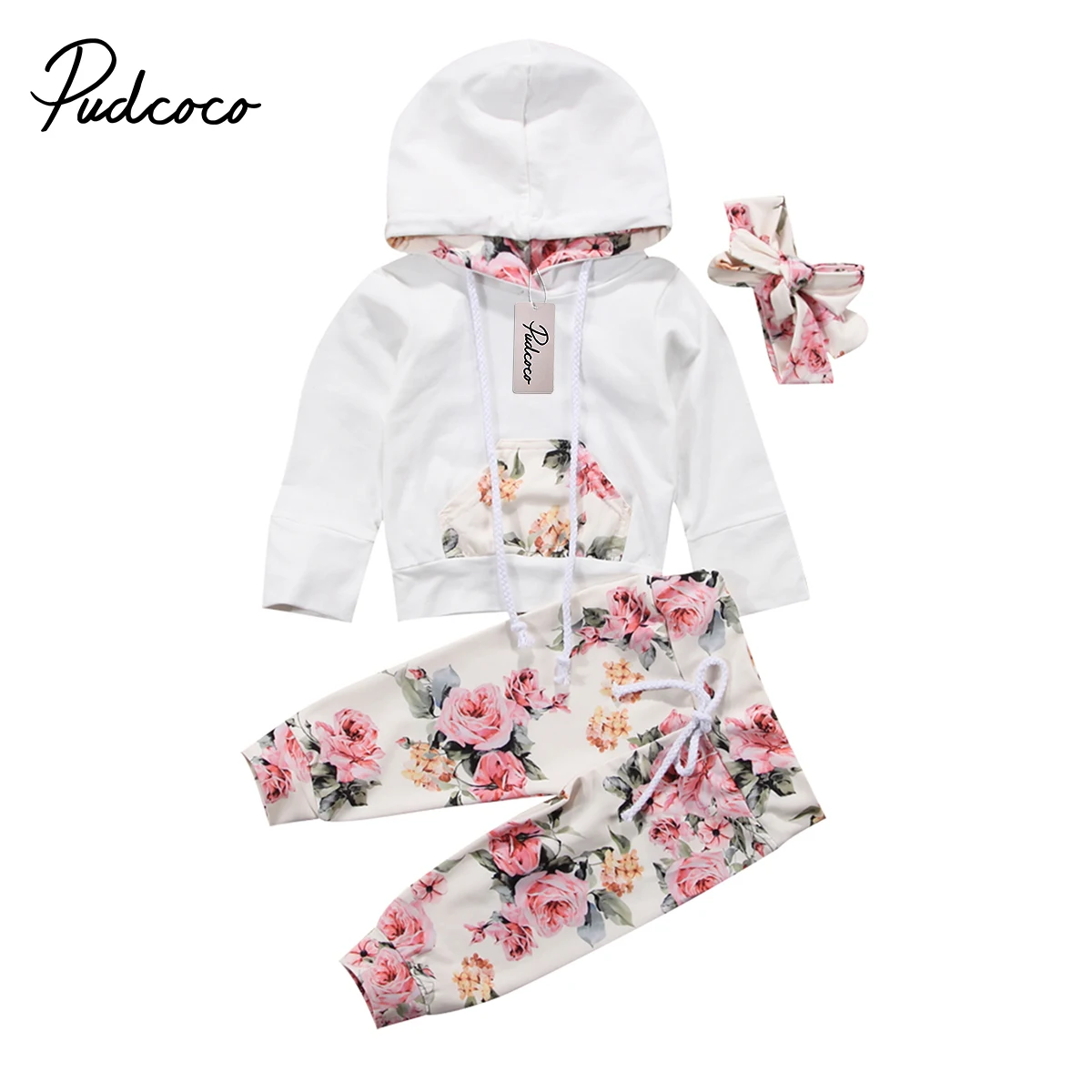 3PCS Newborn Baby Girl Clothes Hooded Top Peony Flower Leggings Pant