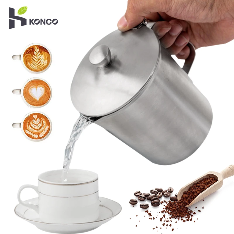 

Konco Stainless Steel Milk frothing jug with lid Espresso Coffee Pitcher Barista Craft Coffee Latte Milk Frothing Jug Pitcher