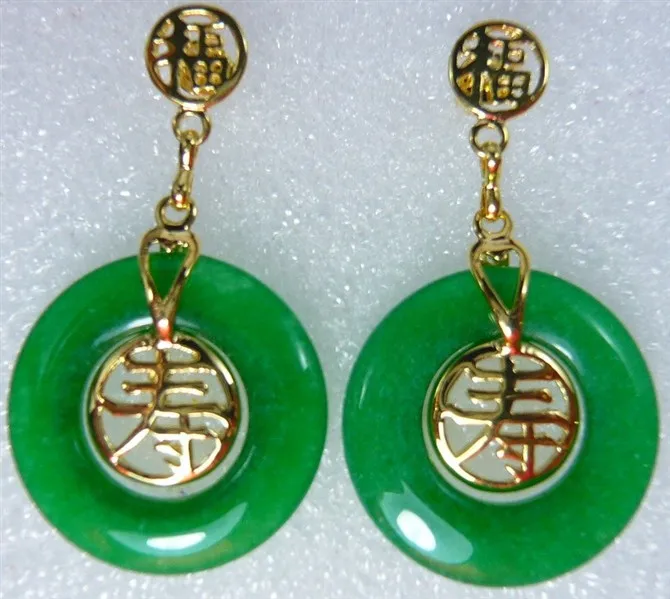 

4 choices Wholesale green jade chinese character longevity,happy,love, forture lucky earring#001