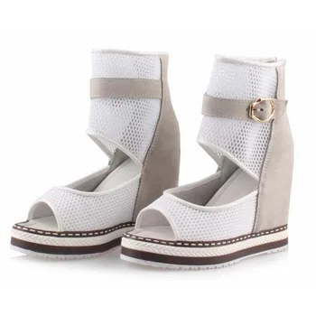 

Fashion Elevator Wedges High Heels Women Summer Sandals Breathable Mesh Open Toe Ankle Boots Cut-outs Women Platform Shoes Boot