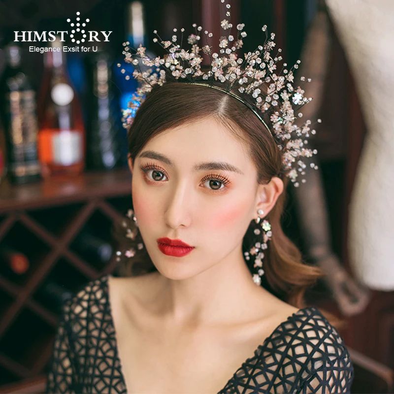 

HIMSTORY Bling Beautiful Handmade Wedding Tiara Crowns with Earring Black Plated Colorful Crystal Bride Headbands Hair Jewelry