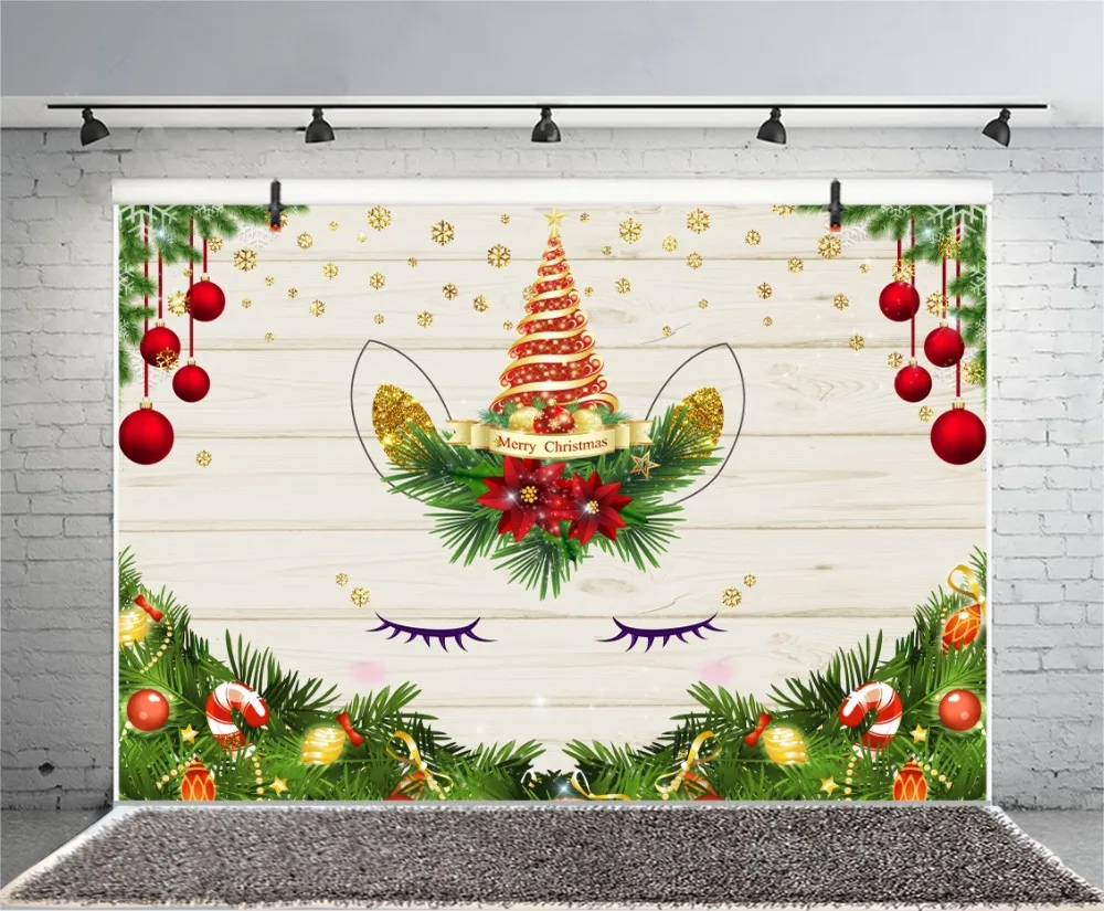 Laeacco Christmas Balls Fir Wooden Boards Unicorn Party Photography Backgrounds Custom Photographic Backdrops For Photo Studio