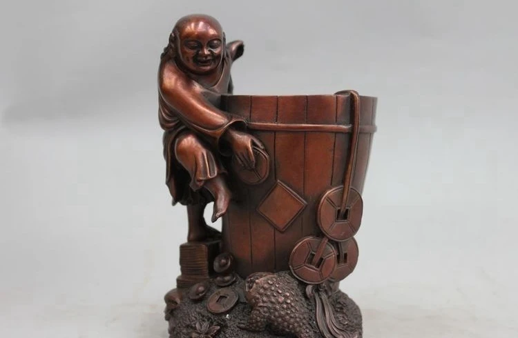 

China red Bronze Copper Wealth Liuhai Play Golden toad pencil vase brush pot a 0518 a 0518