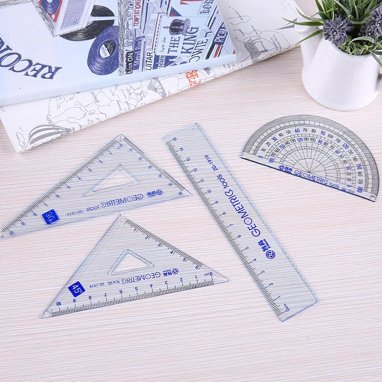Hot selling 4 pcs/pack Students Maths Geometry Stationery Ruler Set Squares Protractor Supplies