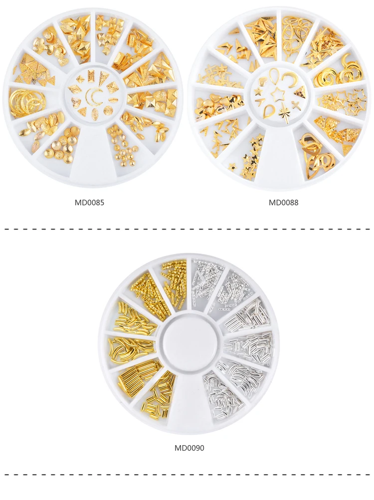 1 коробка, золотые, серебряные металлические украшения для дизайна ногтей, полые, смешанный дизайн, сделай сам, гвозди, шпильки, заклепки, аксессуары для маникюра, колеса
