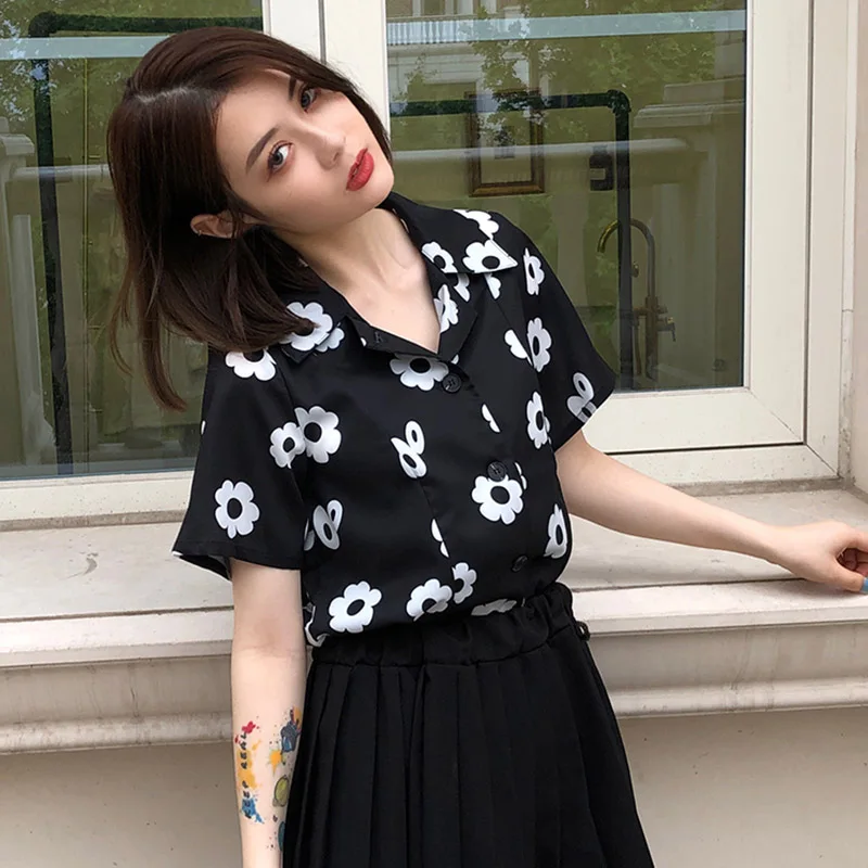Летняя рубашка в Корейском стиле с цветочным принтом, женский костюм, ретро-топы с отворотом, однобортный Тонкий темперамент, рубашка для девочек
