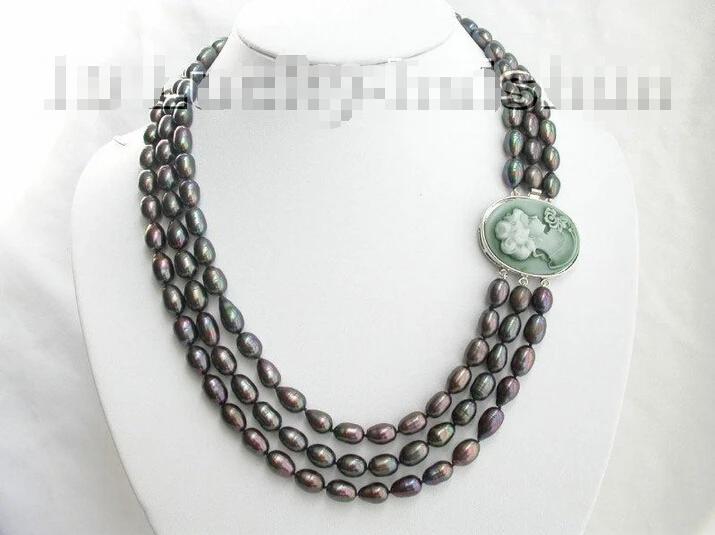 

Free shipping >>>>>>21"-23" natural peacock black pearls necklace cameo cla