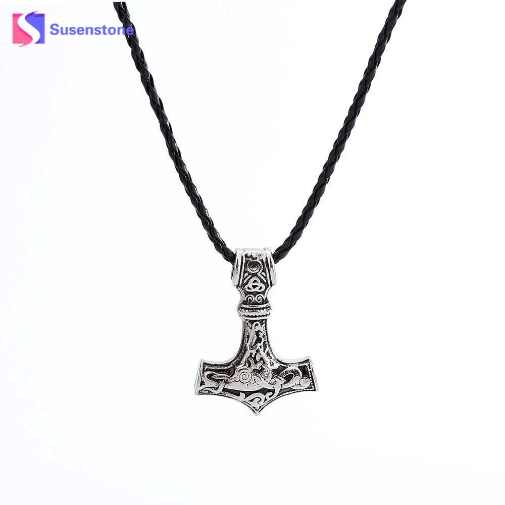 

susenstone New Jewelry Thor Hammer Jewelry 2019 New Arrival Mjolnir Pendant Fashion Men Choker Black Pattern Pendant Necklace