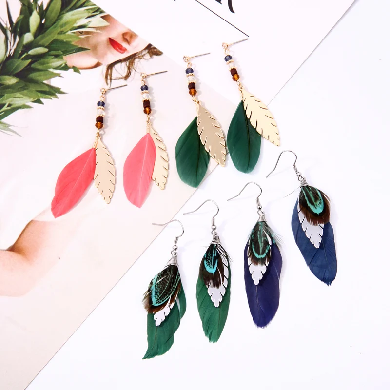 

New Arrival Drop Earring Romantic Pink/Green/Blue Color Feather 4 Style Long Tassel Earring For Women Wedding Gift Earring