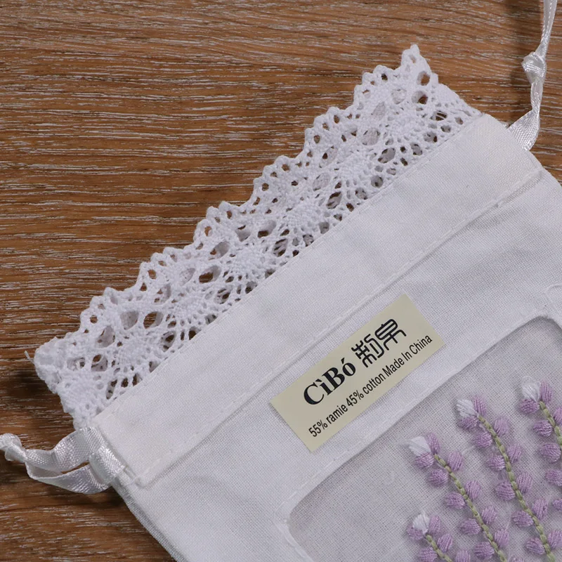 B011 White ramie cotton 12pieces embroidery Lavender gift bags Lace edge Storage bags 5x7 inches sachet bags, travel pouch