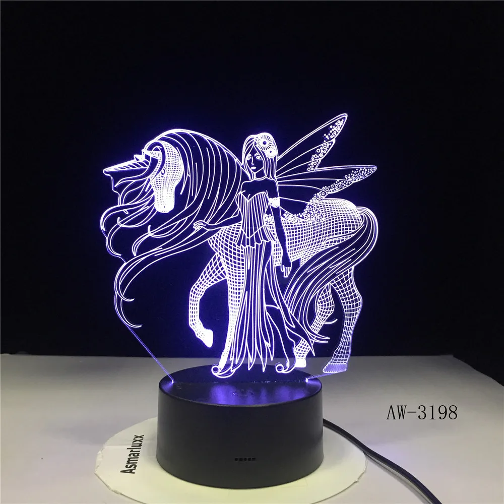 Светодиодный 3d-ночник для есть крылья Единорог и девочка с 7 цветов свет для украшения дома светильник в форме лошади визуализации подарок