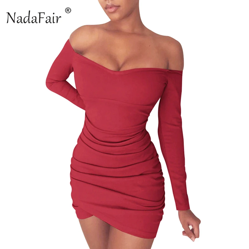 

Nadafair Autumn Winter Long Sleeve Women Bodycon Dress Ruched Off Shoulder Sexy Club Party Dress Red Black White Wrap Mini Dress