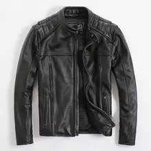 Мужская кожаная куртка для мотоциклистов, черная бычья кожа, байкерская куртка для мужчин, с воротником-стойкой, байкерская куртка для мужчин, Черная