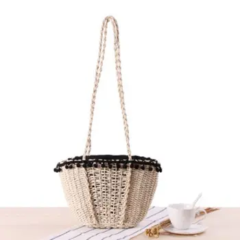 

Korean version of the summer beach bag solid color simple straw bag shoulder ethnic style retro purse ball lace casual bag
