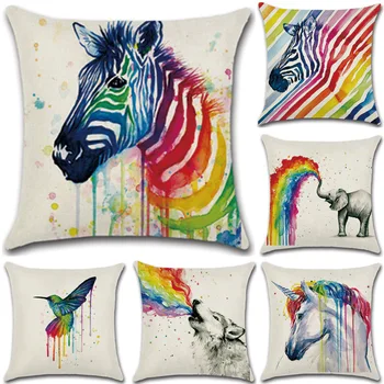 

Splash Ink Unicorn Printed Linen Cushion Cover Rainbow Zebra Elephant Pillow Cover Case 45x45cm Home Bedroom Decor Pillowcase