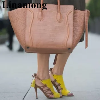 

Summer Hottest Fashion Flock Lace Up Fringe High Heel And Open Toe Sandals Party Sexy Mixed Color Sexy High Heel Women Sandals