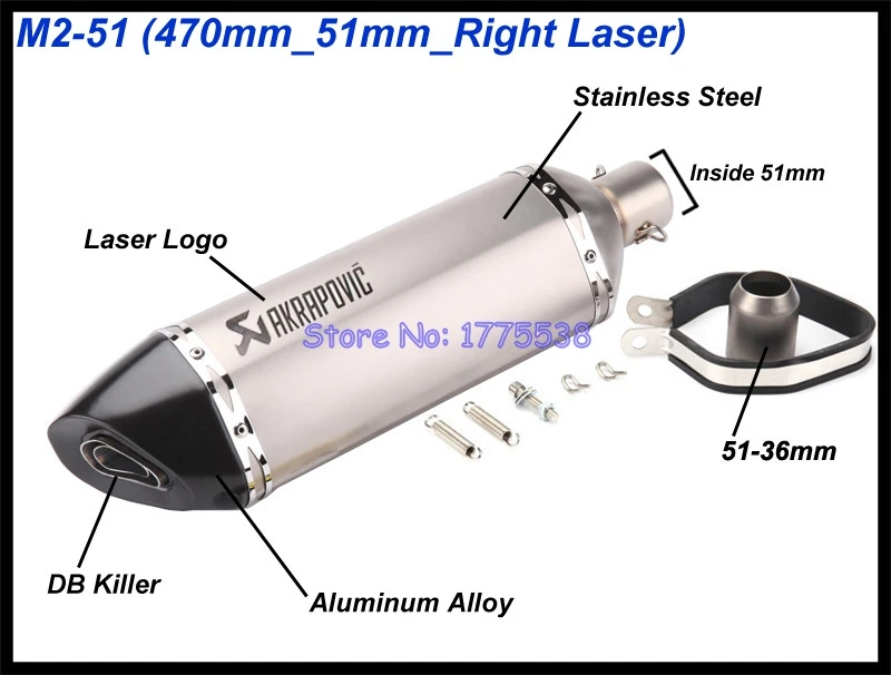 PHULEOVEO izquierda/derecha motocicleta Universal Akrapovic de Escape de: 51mm/61mm L: 570mm/470mm/370mm moto de Escape silenciador de Escape