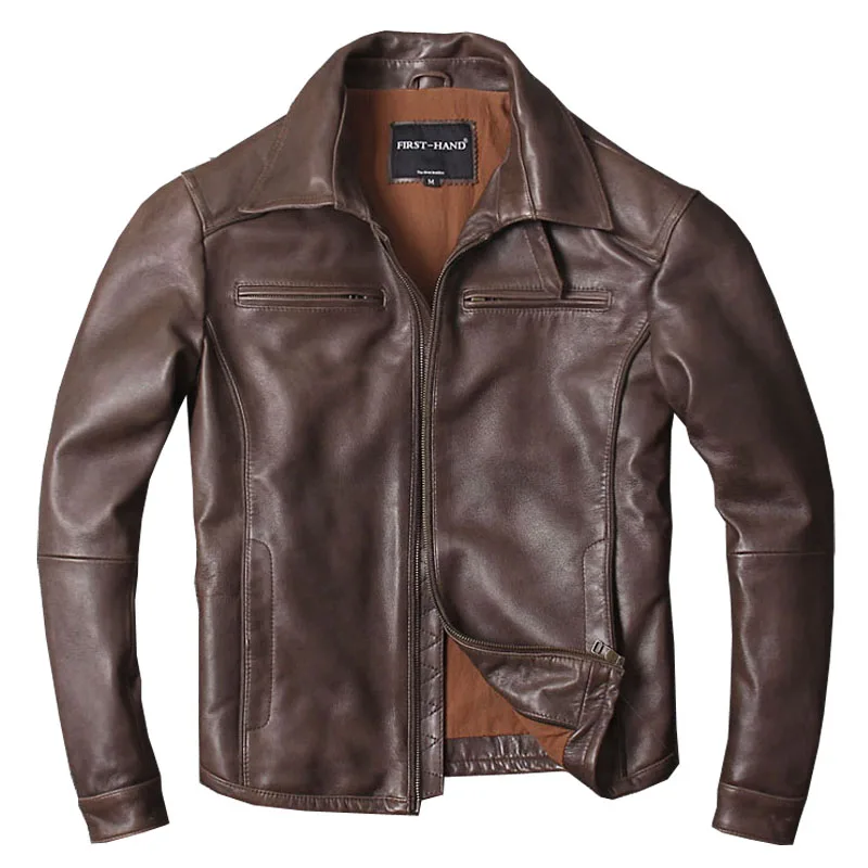

2019 Dark Brown Men Casual Short Leather Jacket Japan Style Genuine Thin Sheepskin Slim Fit Autumn Leather Coat FREE SHIPPING