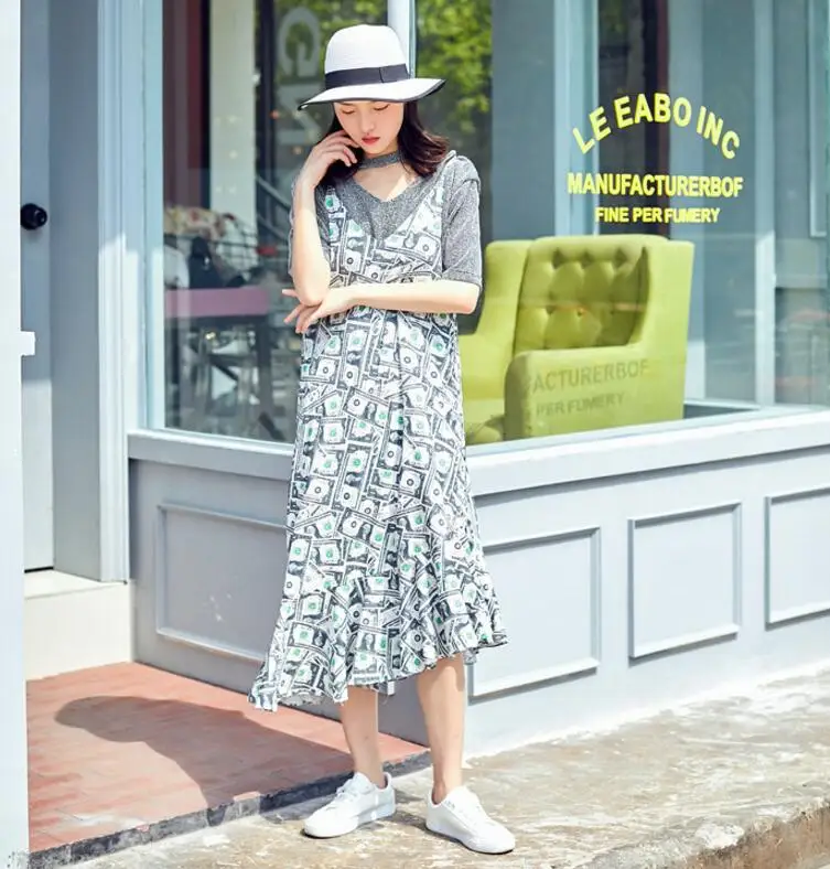 Vintage Cute  Dress for Women Print Beach Women Dresses V Neck Spaghetti Strap Ruffles Summer Clothes for Women