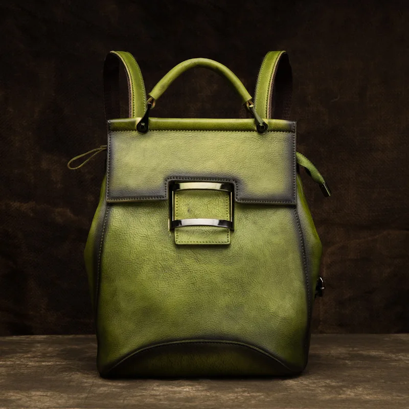 Высококачественный Женский рюкзак из натуральной воловьей кожи, винтажный рюкзак для девочек, дорожная сумка из натуральной кожи, школьный рюкзак - Цвет: Green