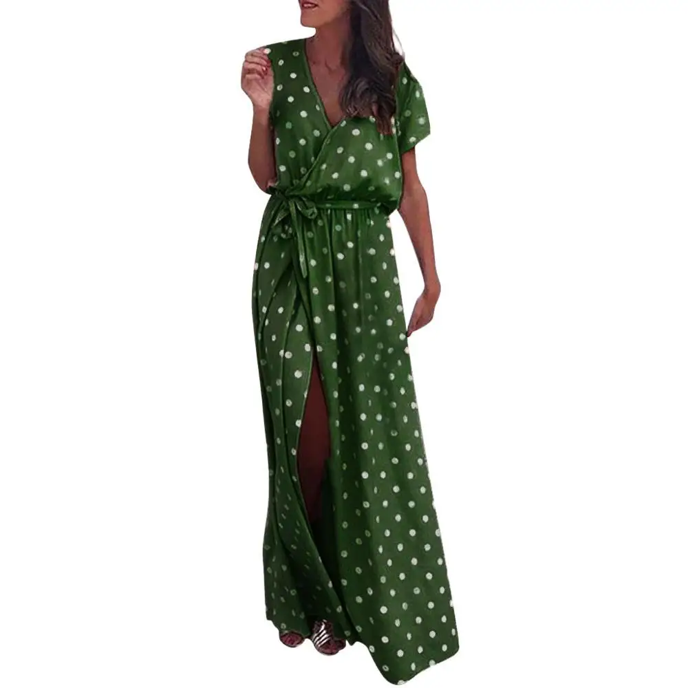 Women Sexy Pink Wave Point V-Neck Maxi Dress Fork Opening Long Dress With Belt Dresses Woman Party Night Long Party DressesL2# Women Sexy Pink Wave Point V-Neck Maxi Dress Fork Opening Long Dress With Belt Dresses Woman Party Night Long Party DressesL2#