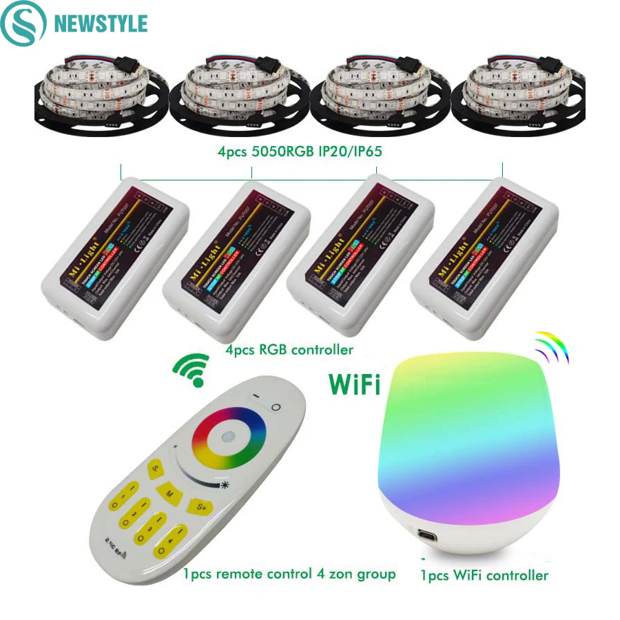 

20m RGB led strip 5050 Flexible LED light 50leds/m + 4pcs 4-Zone Controller +Led remote control + Mi Light WIFI controller