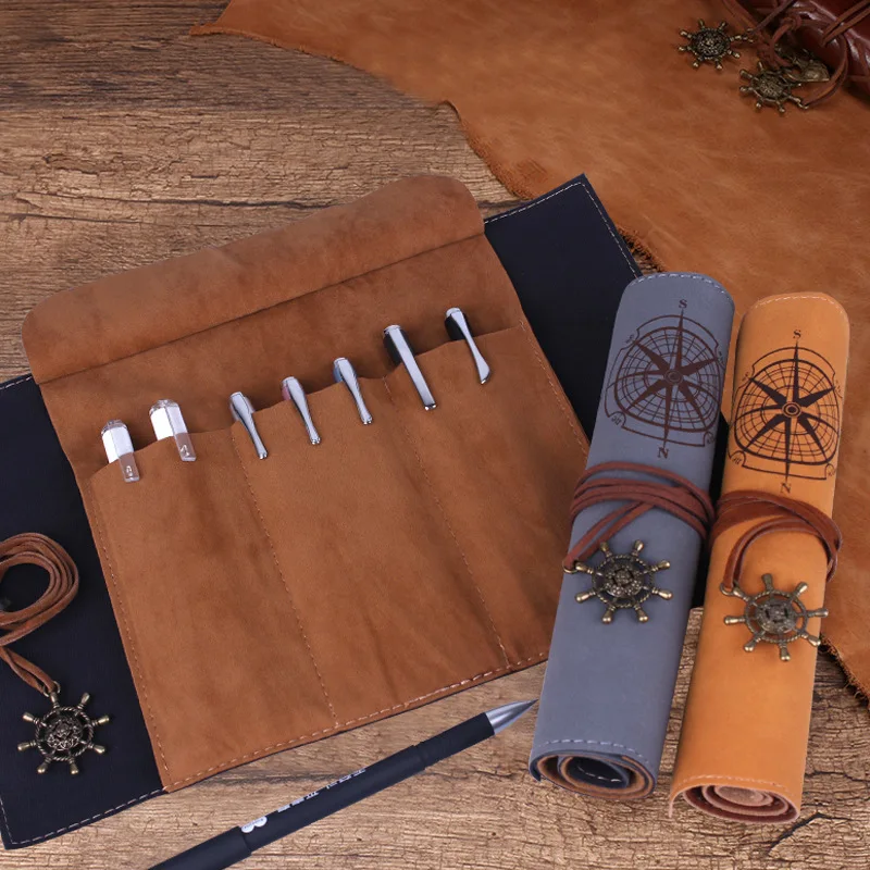 

Dawegama Roll School Pencil Case Leather Pen Bag for Gift Large Pencilcase Box Stationery Pirate Sailing Sea