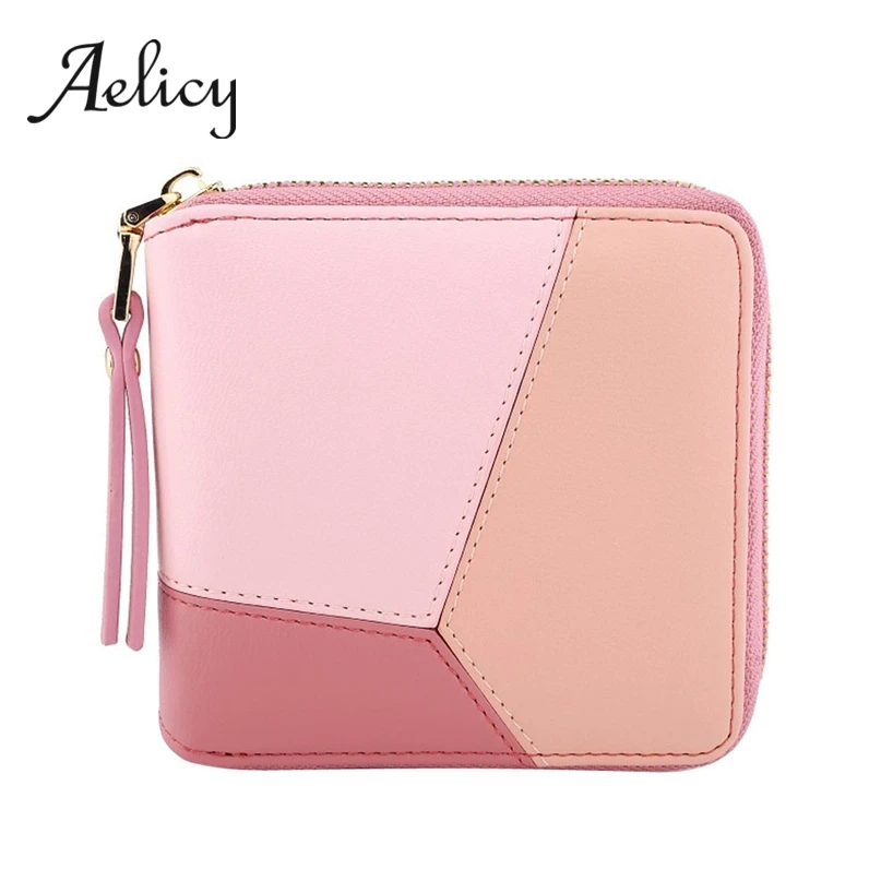 

Aelicy Three-color Stitching Short Wallet Simple Zipper Leather Coin Purse Lady Fashion Small Clutch Coin Bag Square