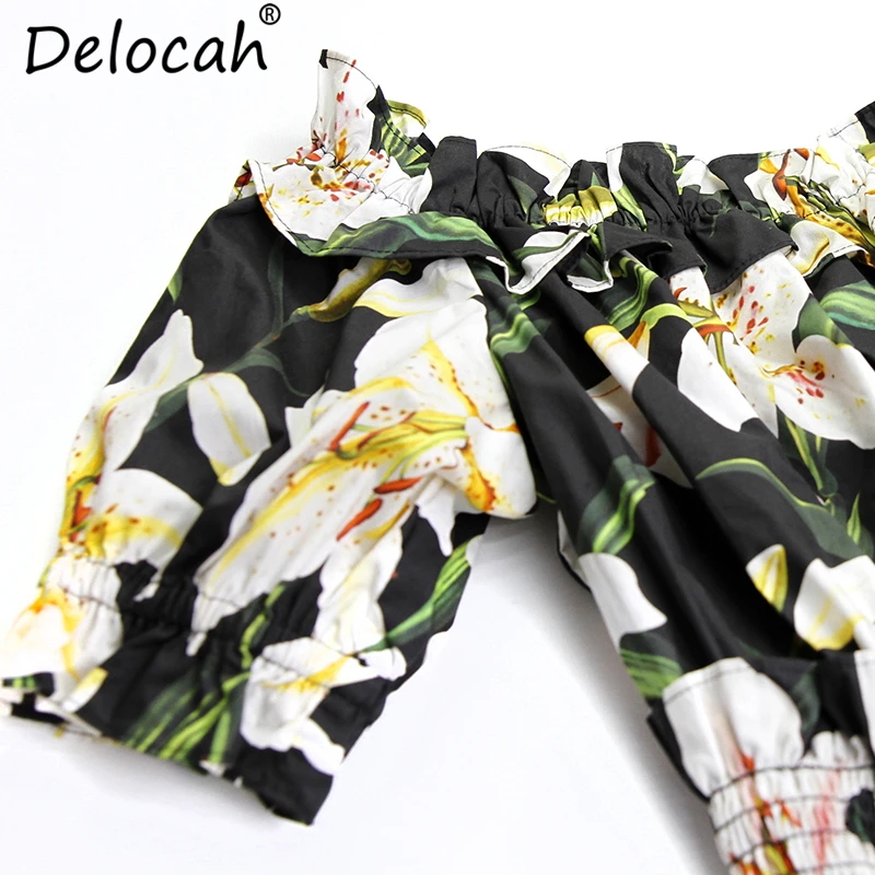 Delocah Summer Women Dress Runway Fashion Designer Lantern Sleeve Backless Floral Print Elastic Waist Elegant Casual Mini Dress