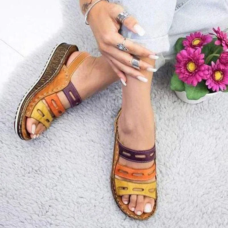 

Summer Women Sandals Ladies Soft Sewing Hollow Out Mixed Colors PU Open Toe Footwear Fashion Female Cork Platform Shoes 2019