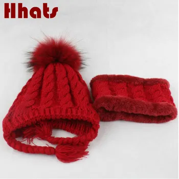 

winter hat for baby girl boy cute pigtail beanie scarf set children neck warmer knitted hat real fur pom pom bonnet