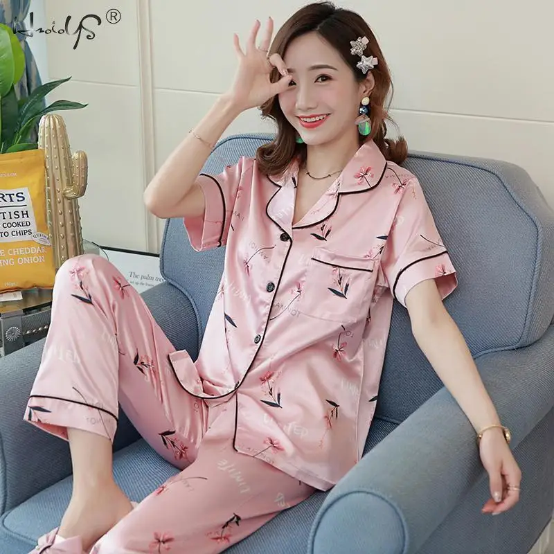 Floral Silk Pajamas Set Women Satin 