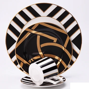 

4 pcs set modern black design ceramic bone china dinner sets for dinnerware and gift : coffee cup saucer with dinner plate